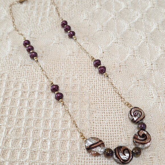 Vintage Murano Peacock Crimson Glass Pearl Amethyst Cat Eye Bead 14k/20 Necklace - Picture 1 of 16